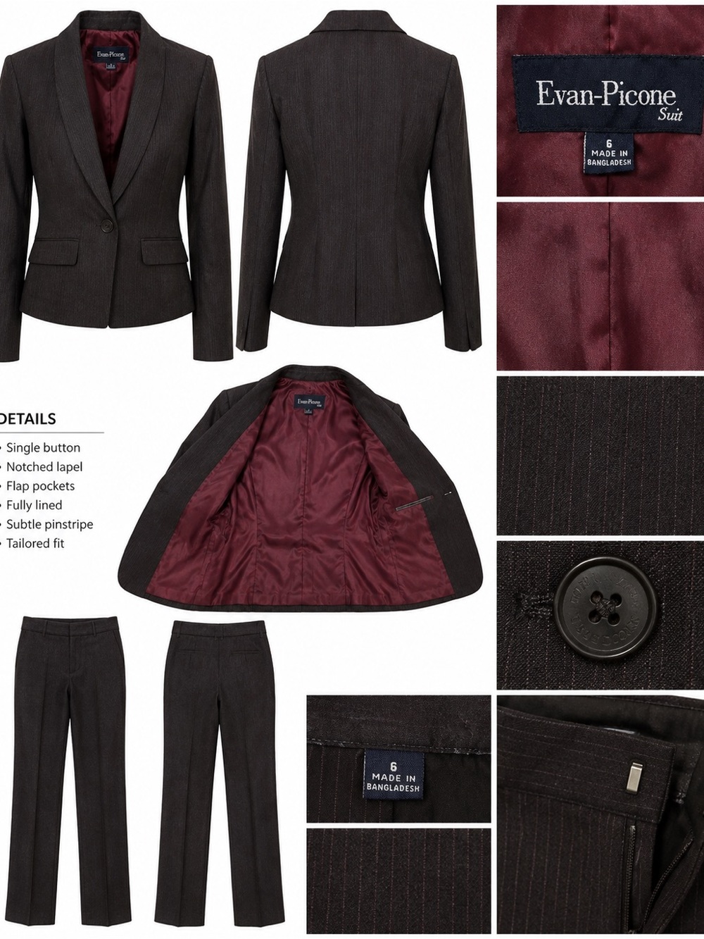 Evan Picone Charcoal Pinstripe Pantsuit with Burgundy Lining - Picture 3 of 3